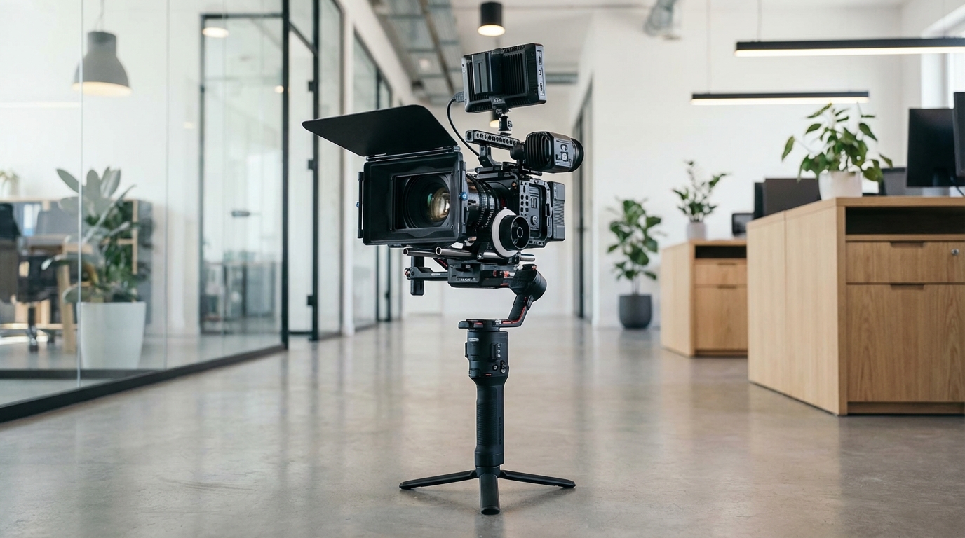 Filmy reklamowe Gliwice — kamera filmowa na gimbal stabilizatorze w nowoczesnym biurze technologicznym