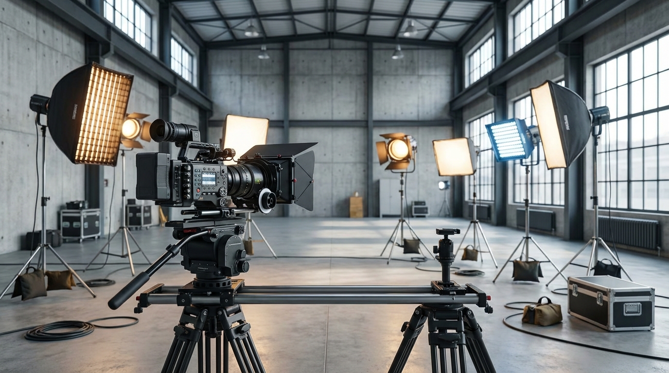 Ekipa filmowa na planie zdjęciowym w Zabrzu — profesjonalna kamera na statywie, oświetlenie studyjne i slider filmowy w hali produkcyjnej